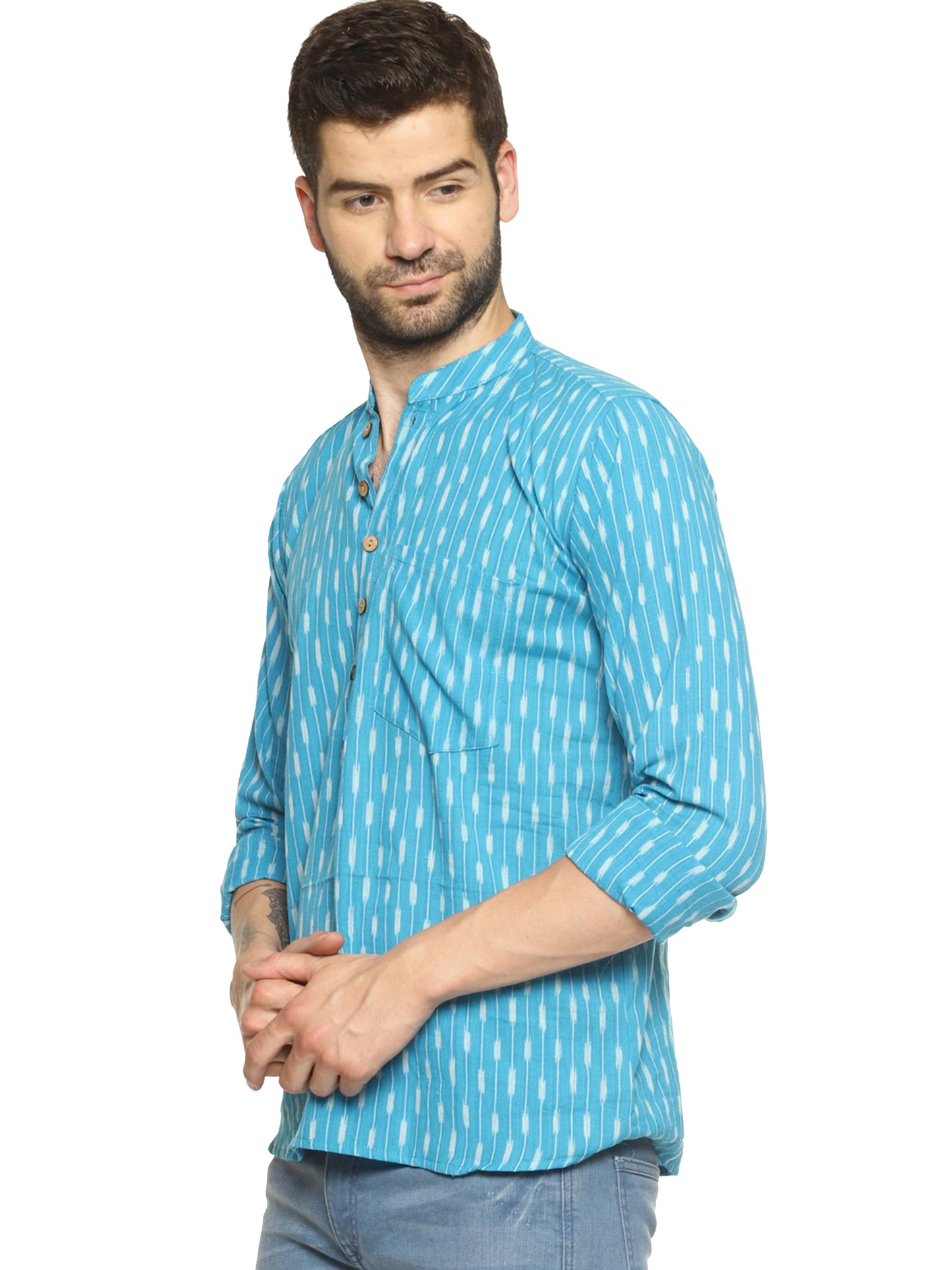 PAROKSH Men Blue Ikat Woven Design Straight Kurta