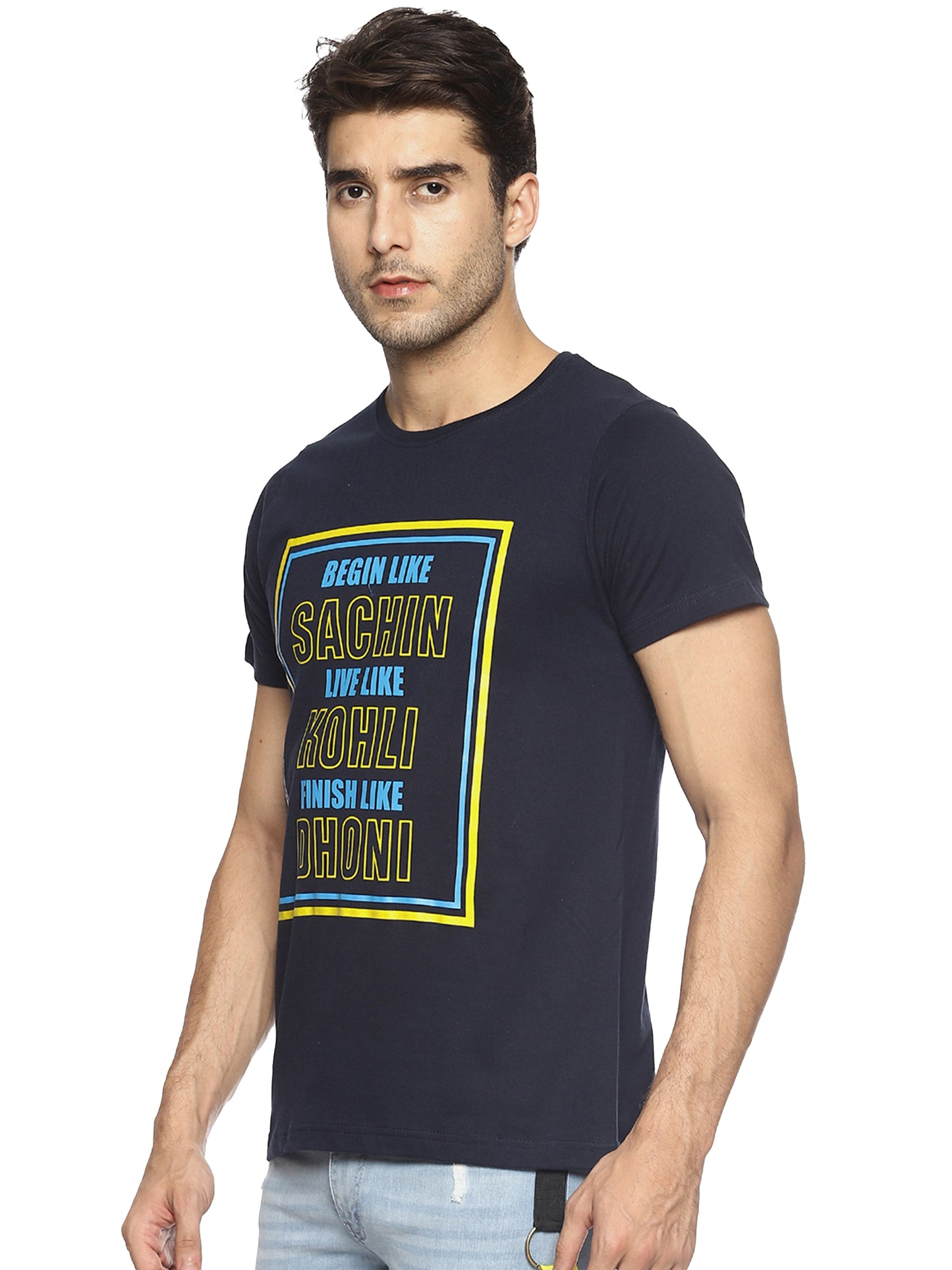 OBOW Navy Blue Printed Quirky Cricket worldcup Round Neck Half Sleeve Cotton Tshirt