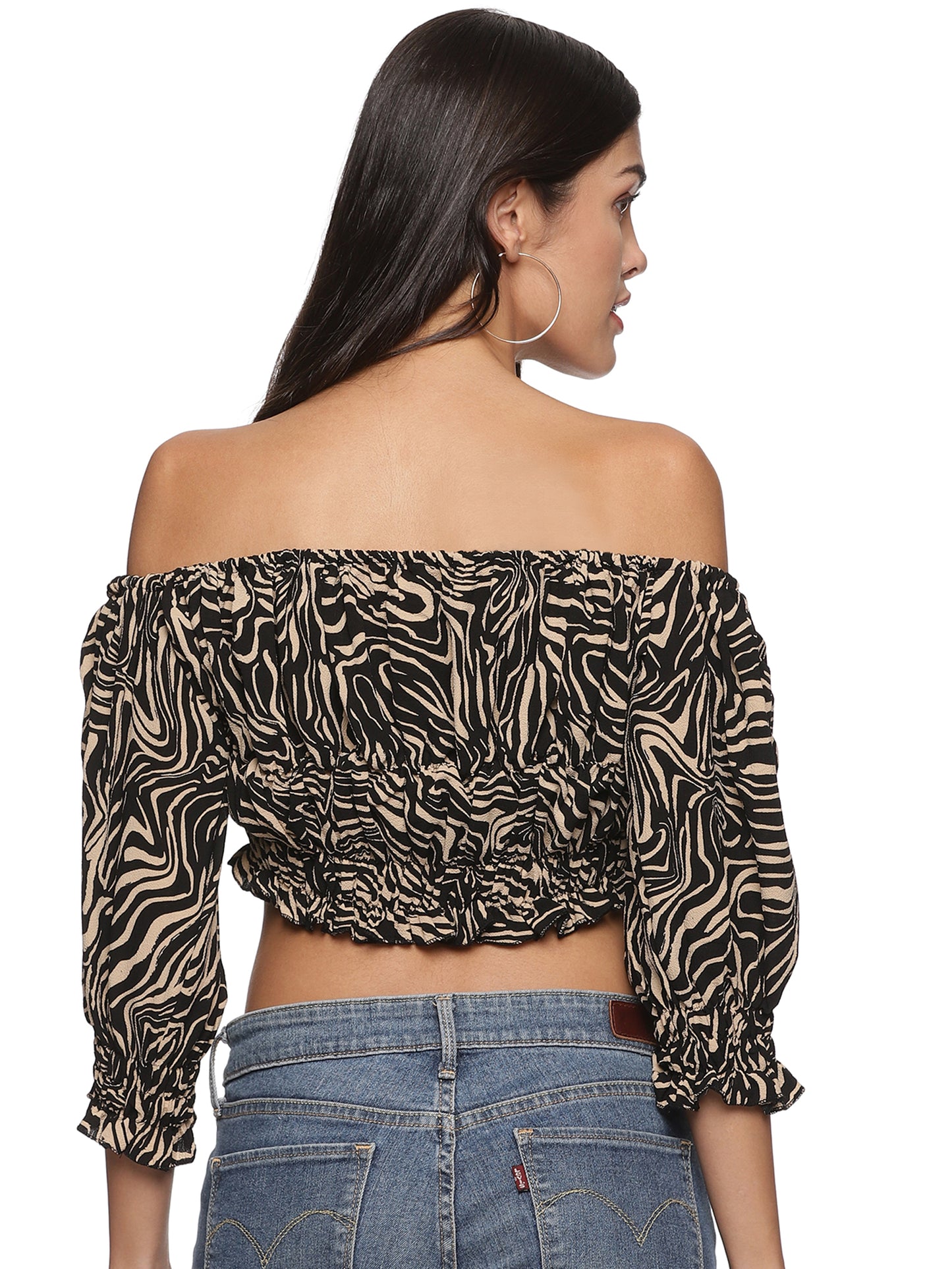 SAHORA Cream Off-Shoulder Crepe Blouson Crop Top