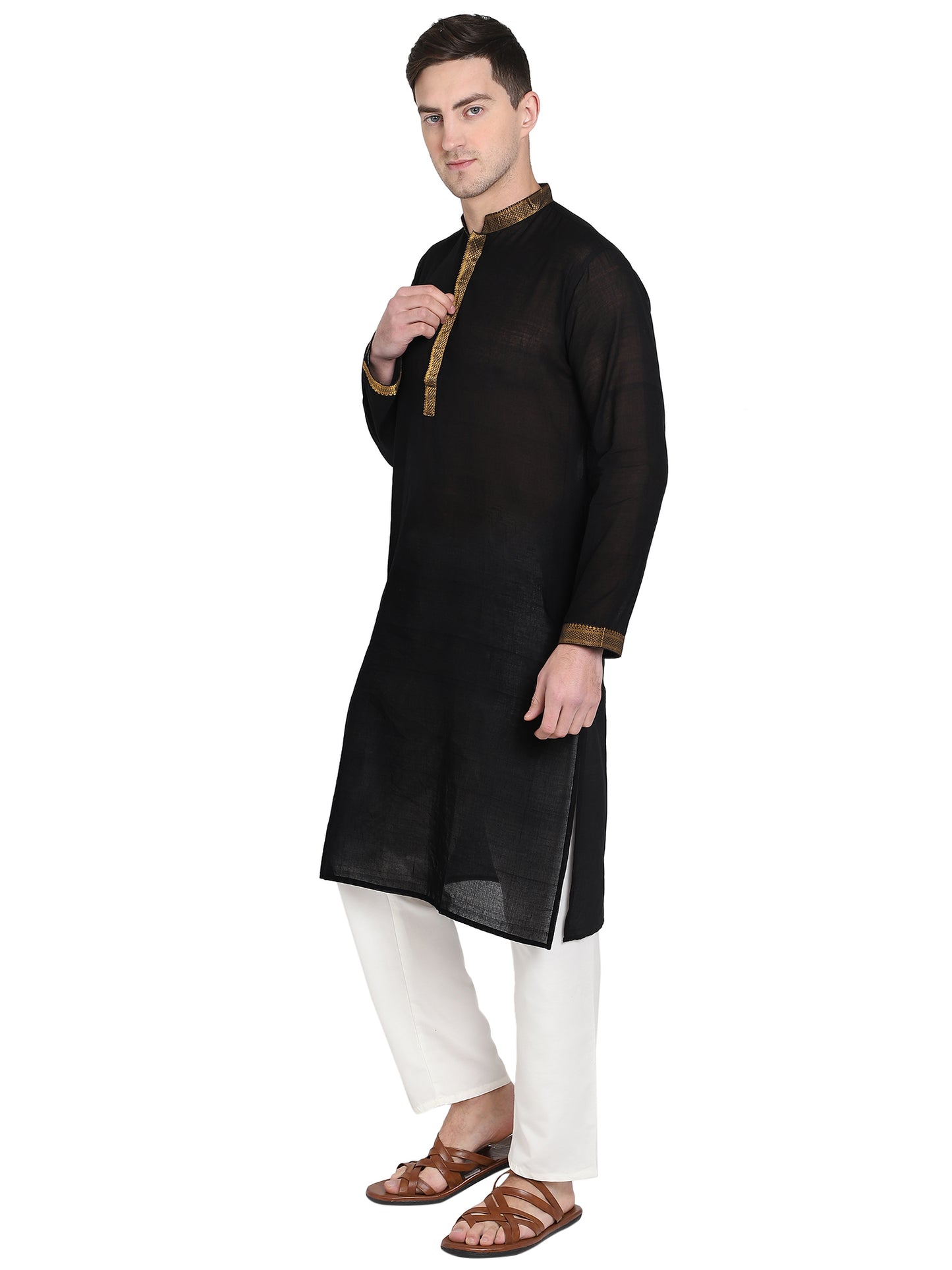 Paroksh Men's Black Self Design Pure Cotton Straight Kurta