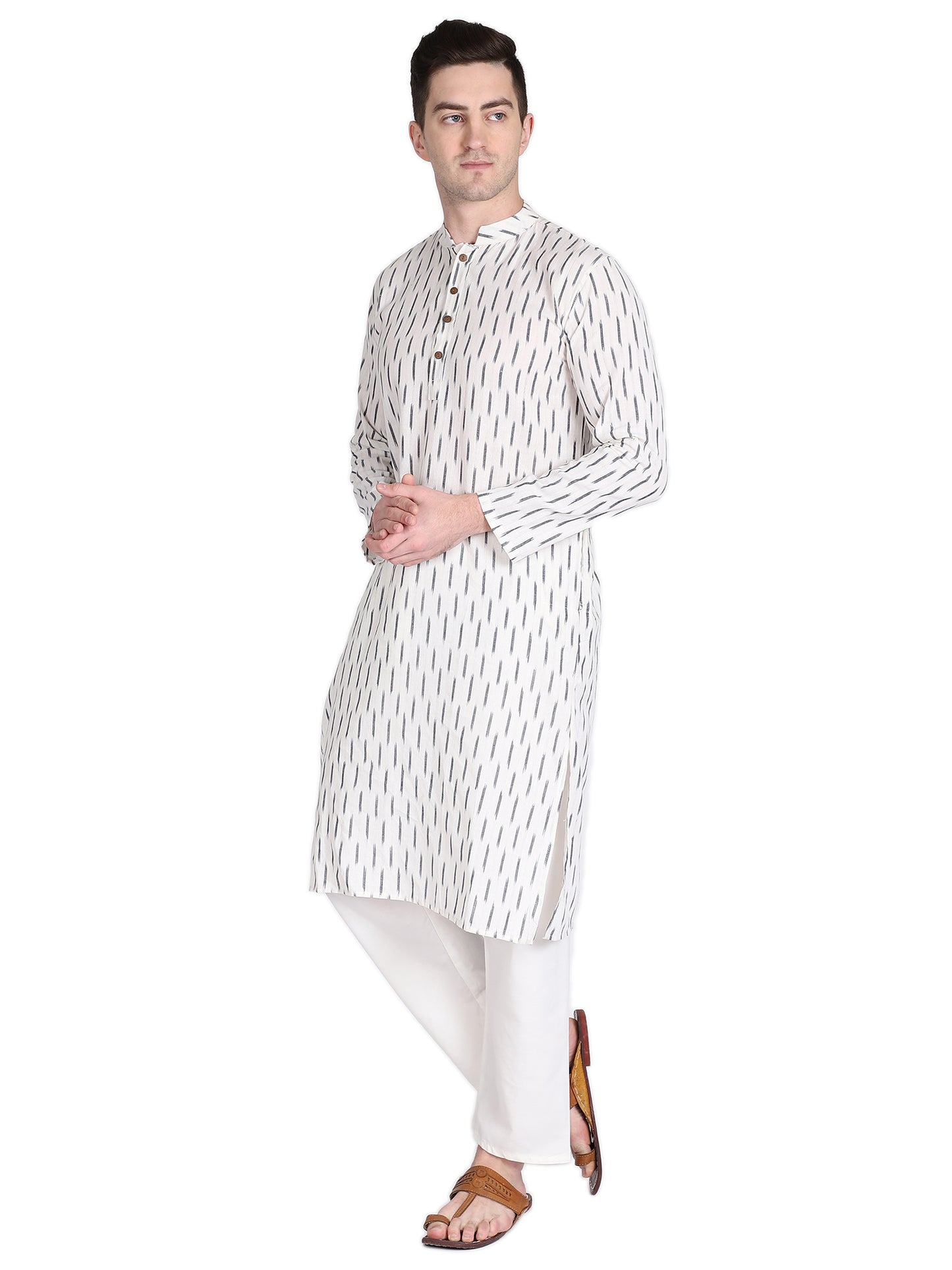 PAROKSH Men White & Grey Ikat Woven Design Straight Kurta