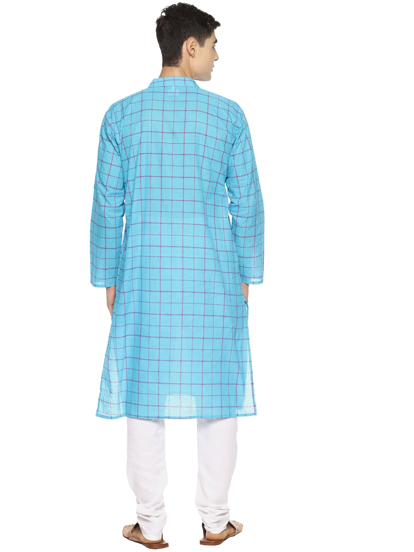 PAROKSH Men Blue Checked Cotton Straight Kurta
