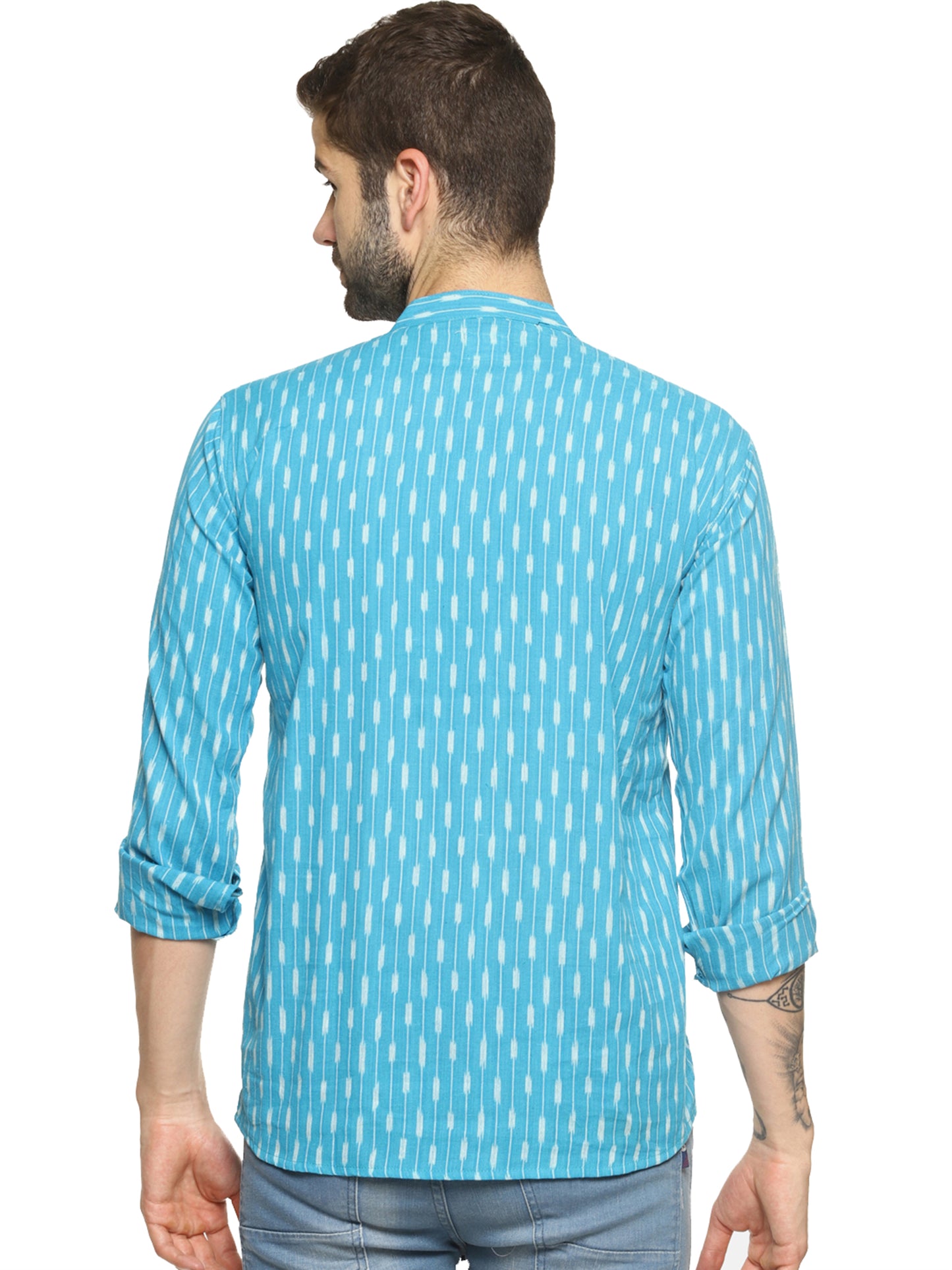 PAROKSH Men Blue Ikat Woven Design Straight Kurta