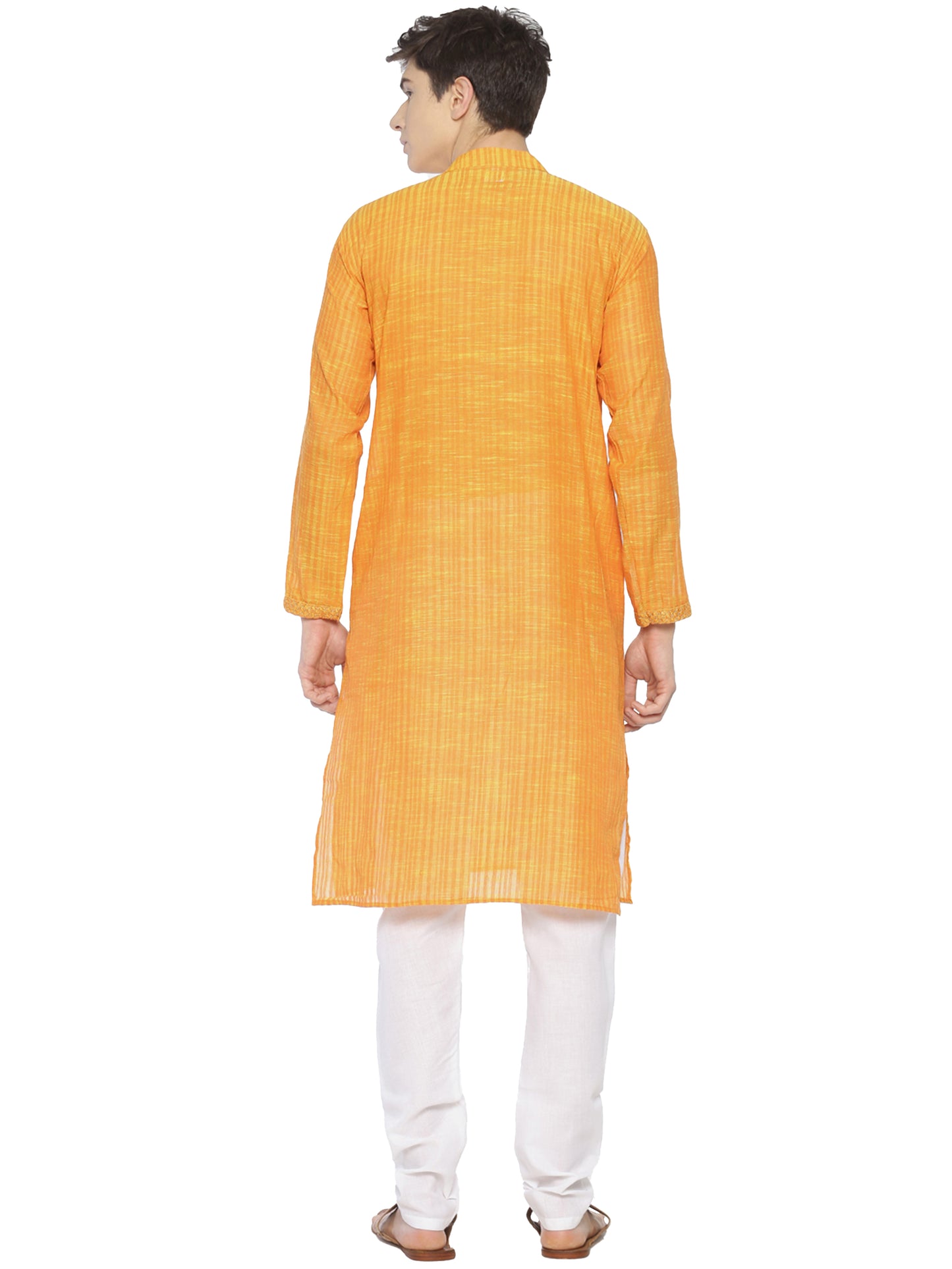 PAROKSH Men's Embroidered Orange Handloom Long Cotton Ethnic Kurta
