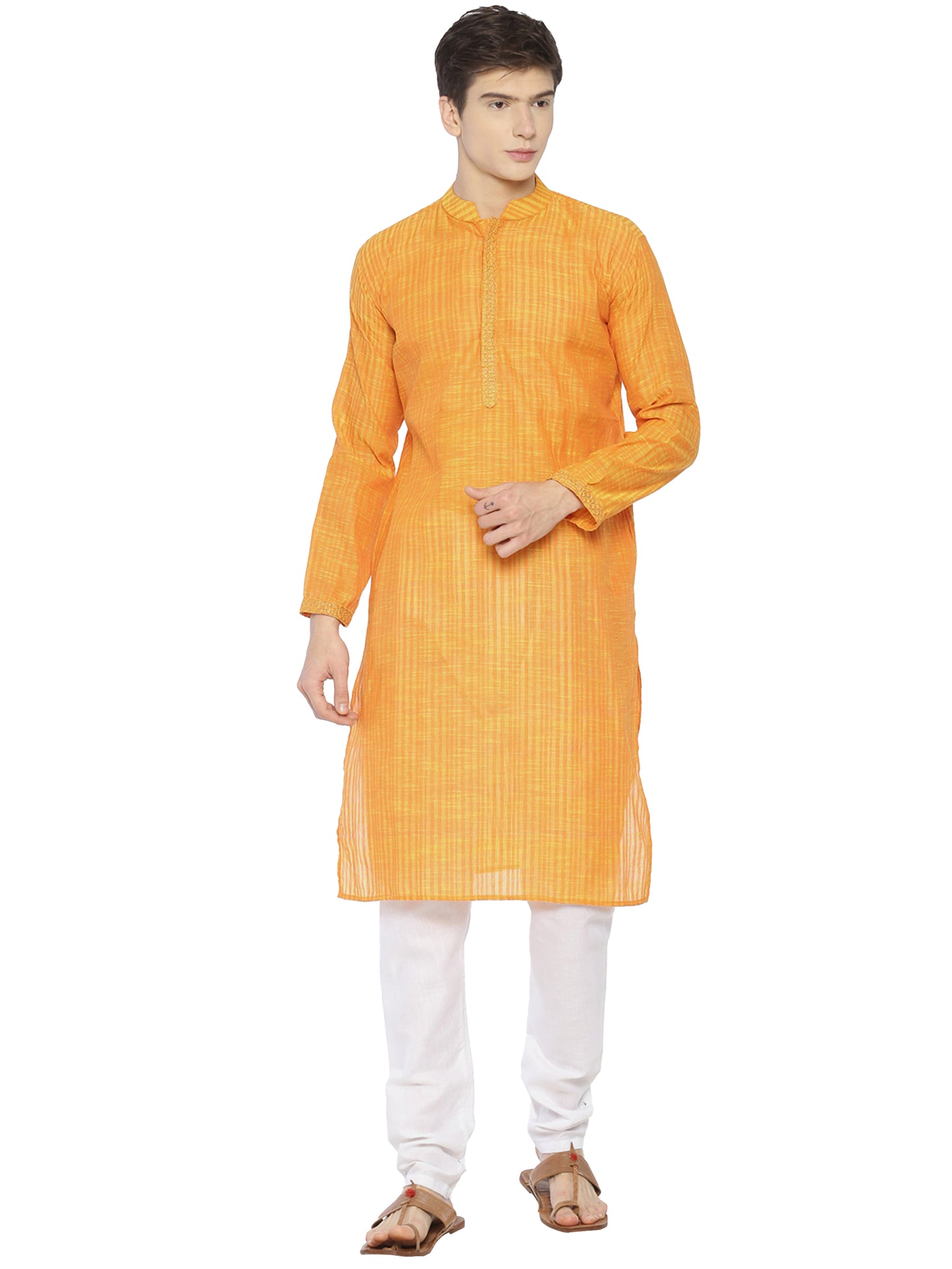 PAROKSH Men's Embroidered Orange Handloom Long Cotton Ethnic Kurta
