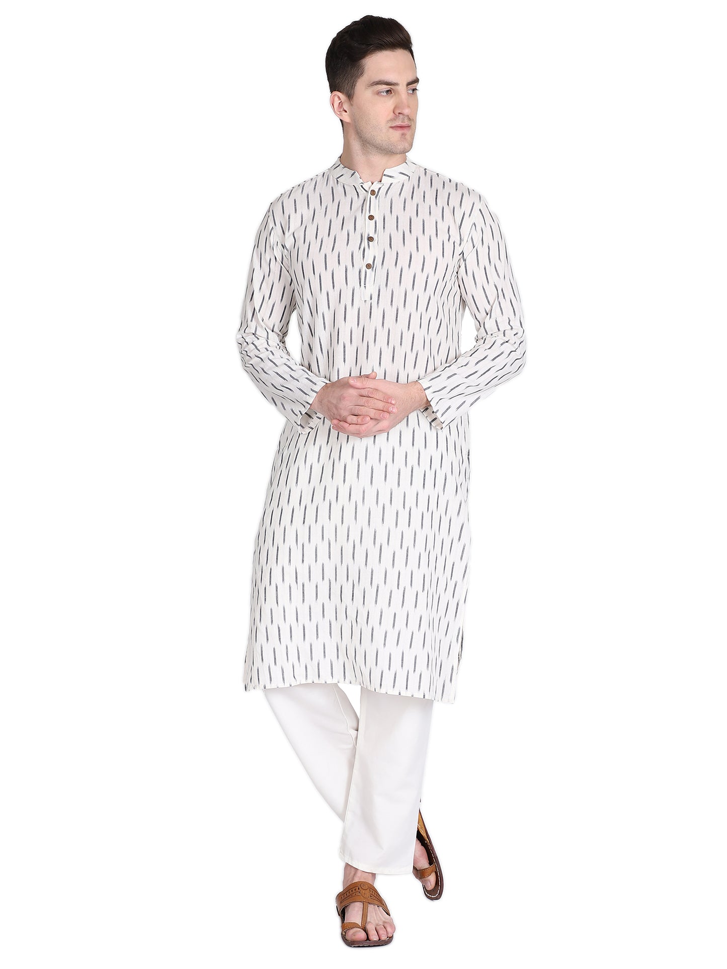 PAROKSH Men White & Grey Ikat Woven Design Straight Kurta