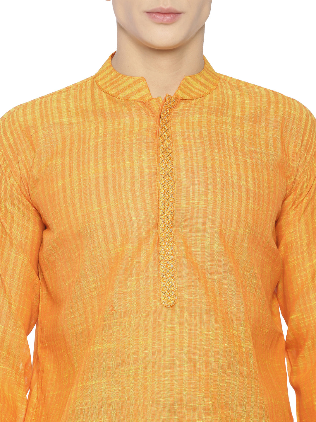 PAROKSH Men's Embroidered Orange Handloom Long Cotton Ethnic Kurta