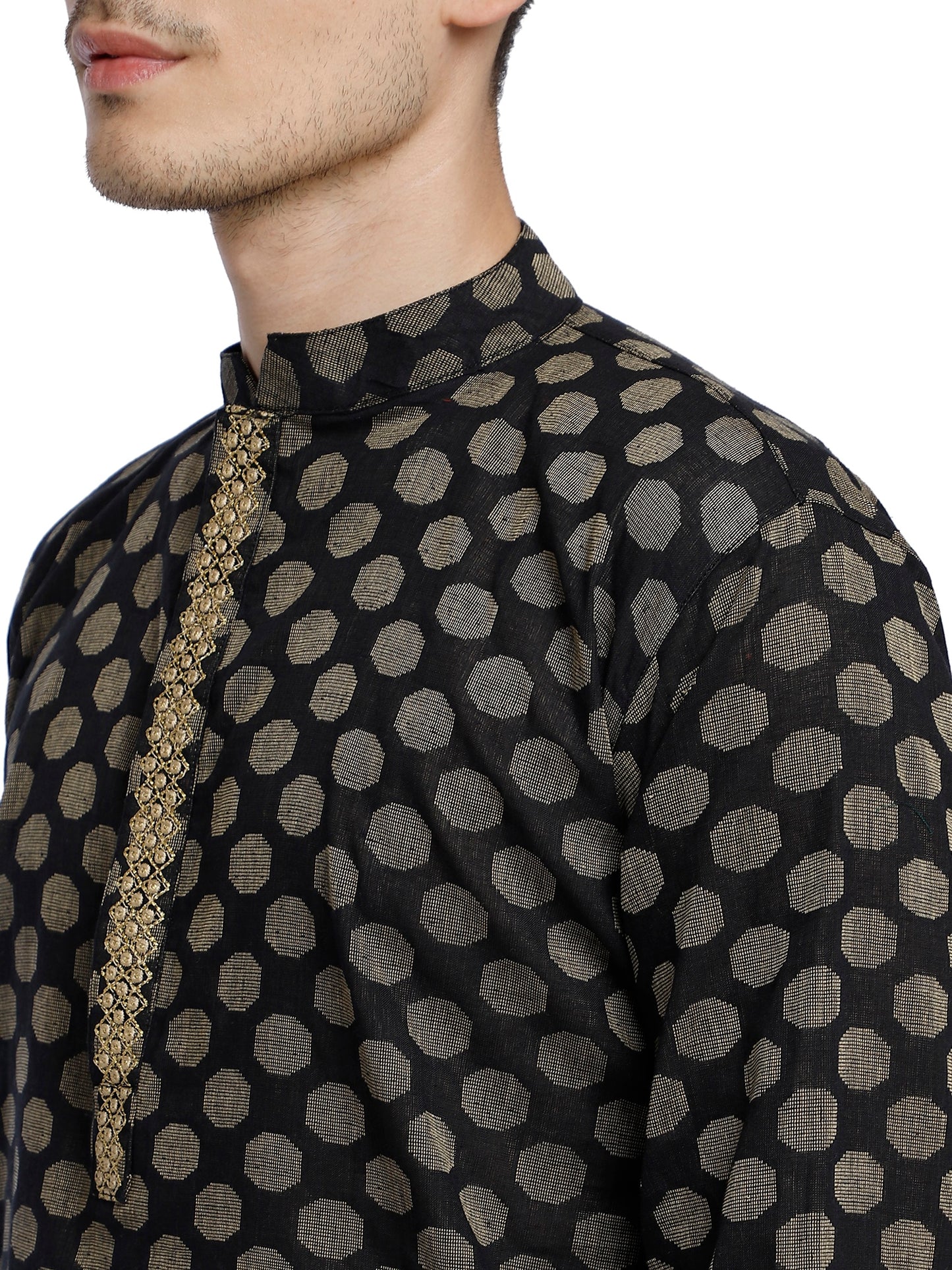 PAROKSH Men Black & Beige Woven Design Cotton Thread Work Handloom Kurta