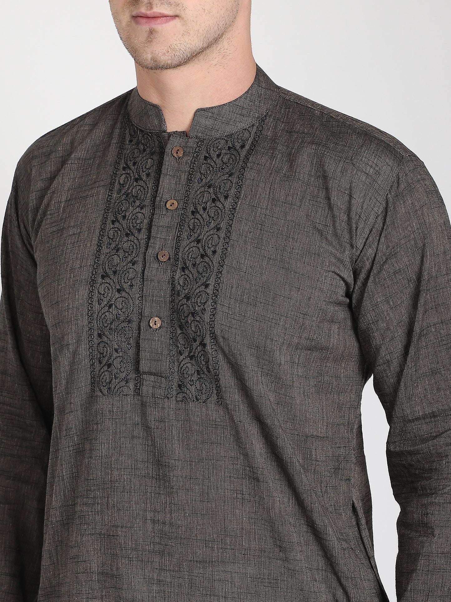 PAROKSH Men's Brown mangalgiri Handloom Cotton Straight Embroidered Long Ethnic Kurta