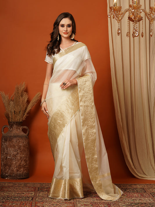 Women's Handloom white kasavu organza saree with Zari Border
