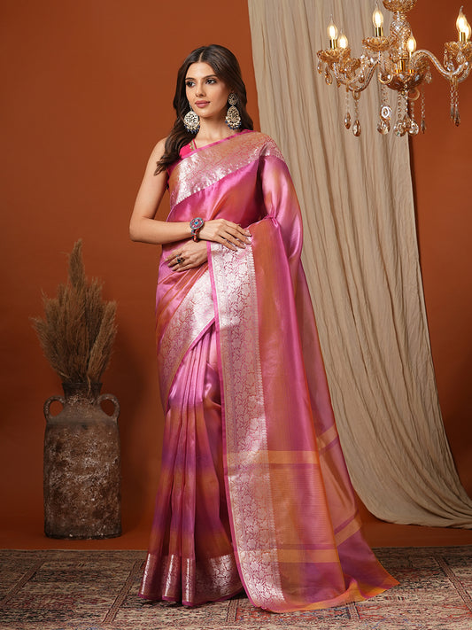 Women's Handloom Banarasi soft tissue Pink Saree With Zari Border