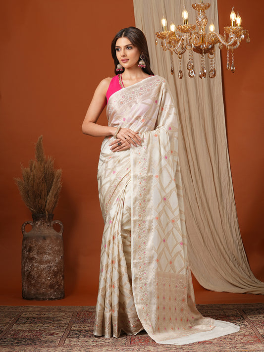 Women's Handloom Banarasi Cream Zigzag dupion silk Saree With Zari Border