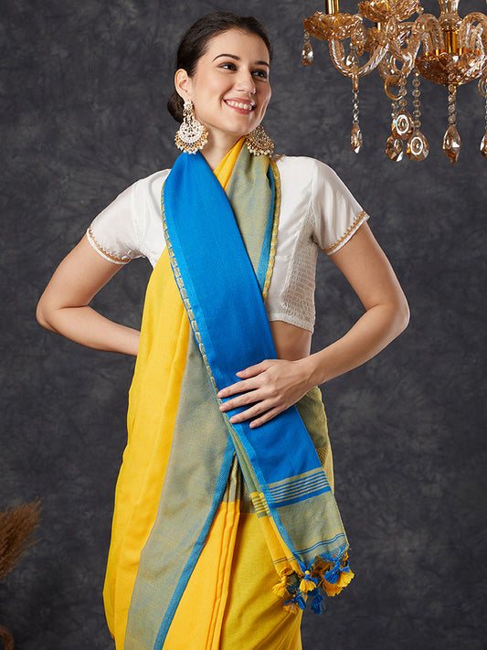 PAROKSH Women's Handloom Soft Cotton Yellow Saree With Temple design Blue Border