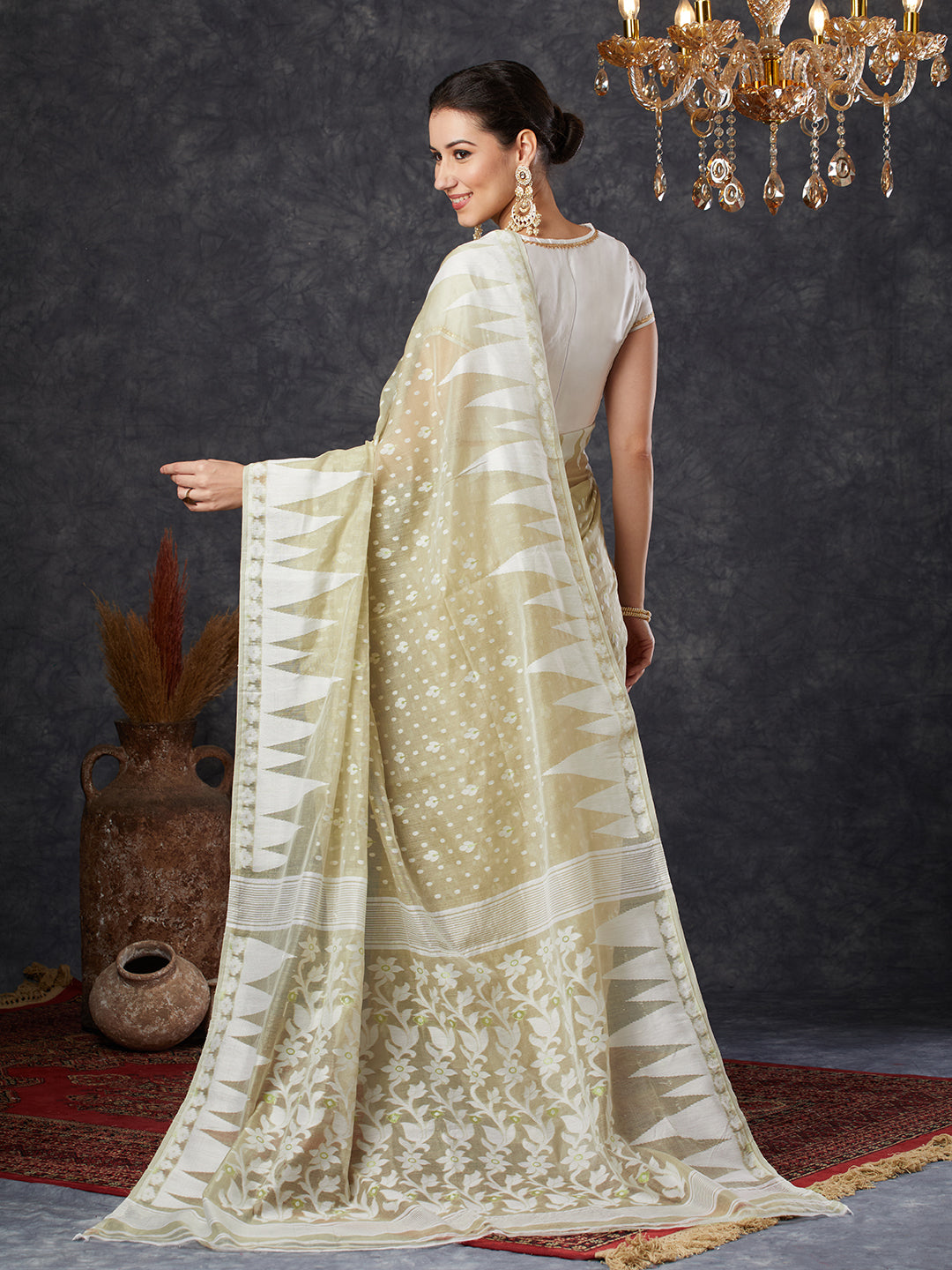 Women's Handloom Cotton Dhakai Jamdani Beige Saree with white Border