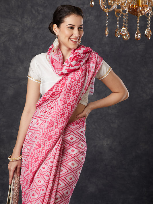 PAROKSH Women's Handloom Cotton Dhakai Jamdani pink Saree with geometric Border