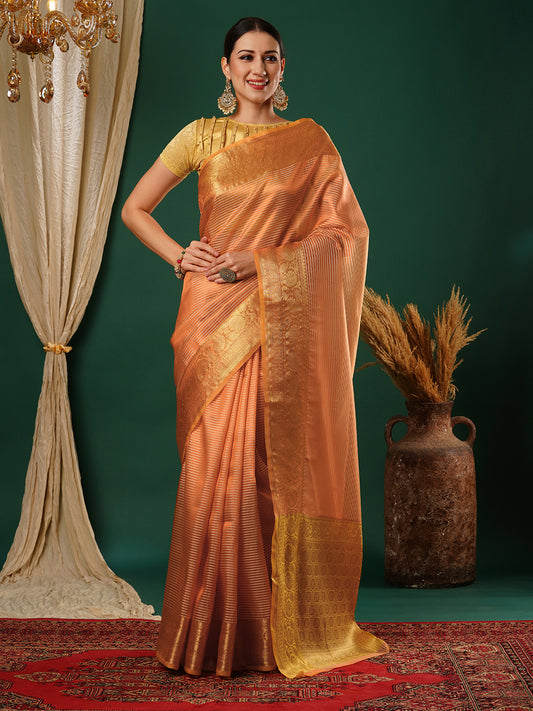 Women's Handloom peach striped banarasi tissue saree with Zari Border