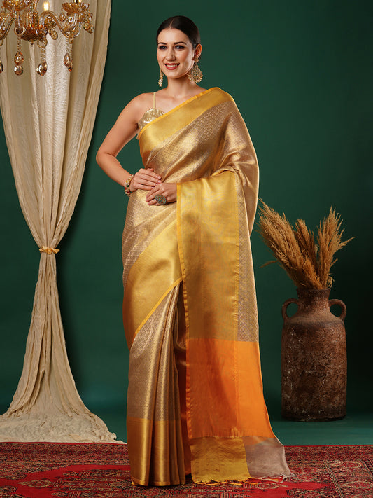 Women's Handloom brocade golden banarasi tissue saree with Zari Border