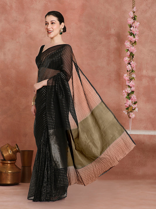 Womens's Handloom Kora Tissue Woven Black striped shimmery saree