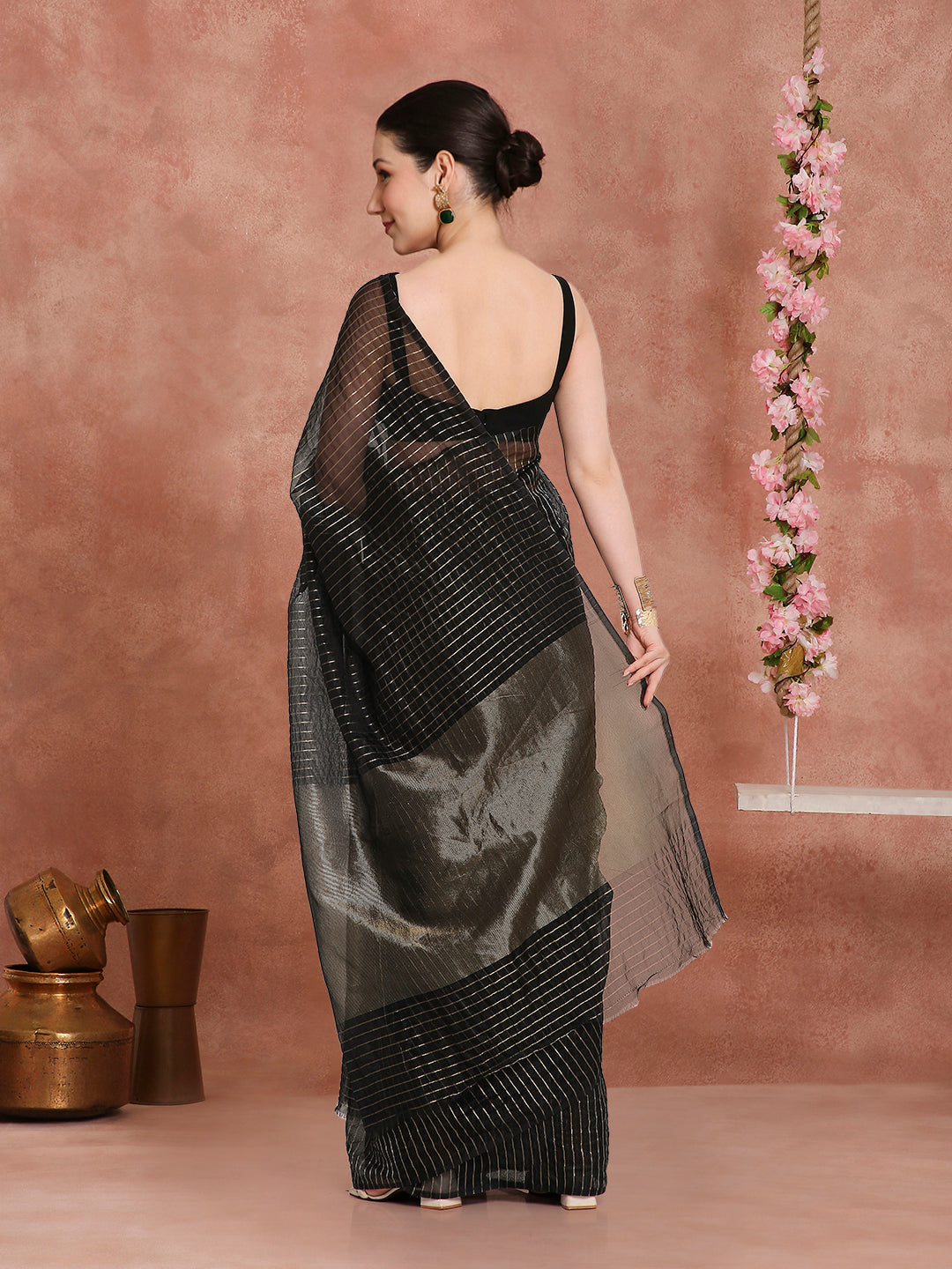 Womens's Handloom Kora Tissue Woven Black striped shimmery saree