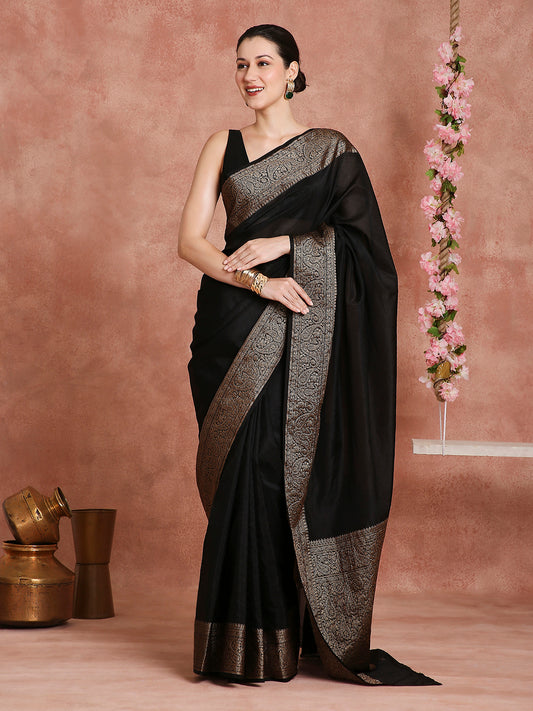 Womens's Handloom Kora Tissue Woven Black saree with zari pallu