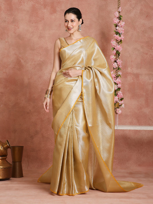 Womens's Handloom Kora Tissue Woven Golden saree with zari pallu