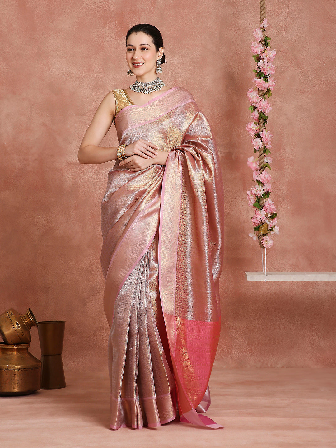 Womens's Handloom Kora Tissue Woven Golden saree with zari pallu