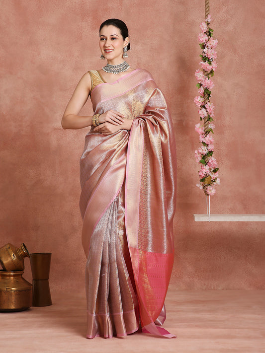 Womens's Handloom Kora Tissue Woven Golden saree with zari pallu