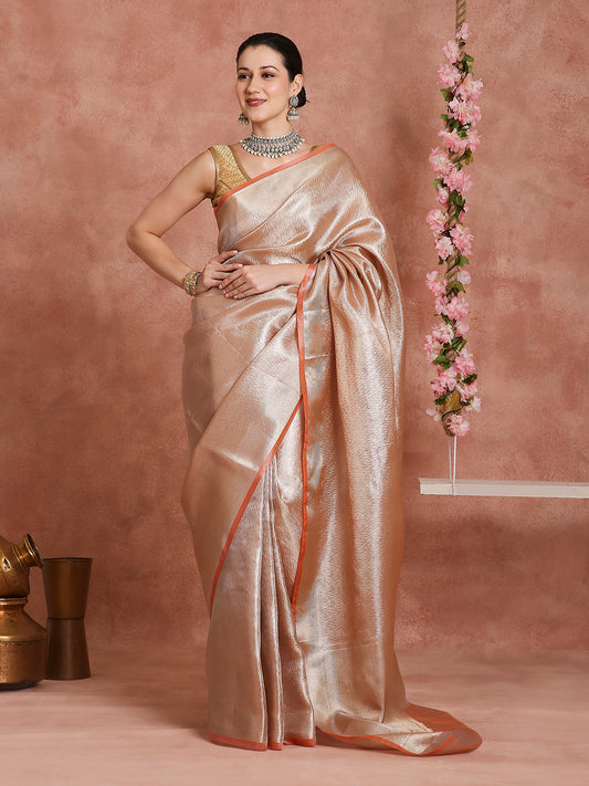 Womens's Handloom Kora Tissue Woven Peach Golden saree with zari pallu