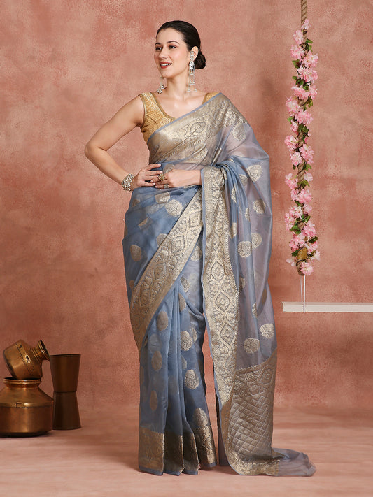 Womens's Handloom Kora Tissue Organza Woven Blue saree with zari pallu