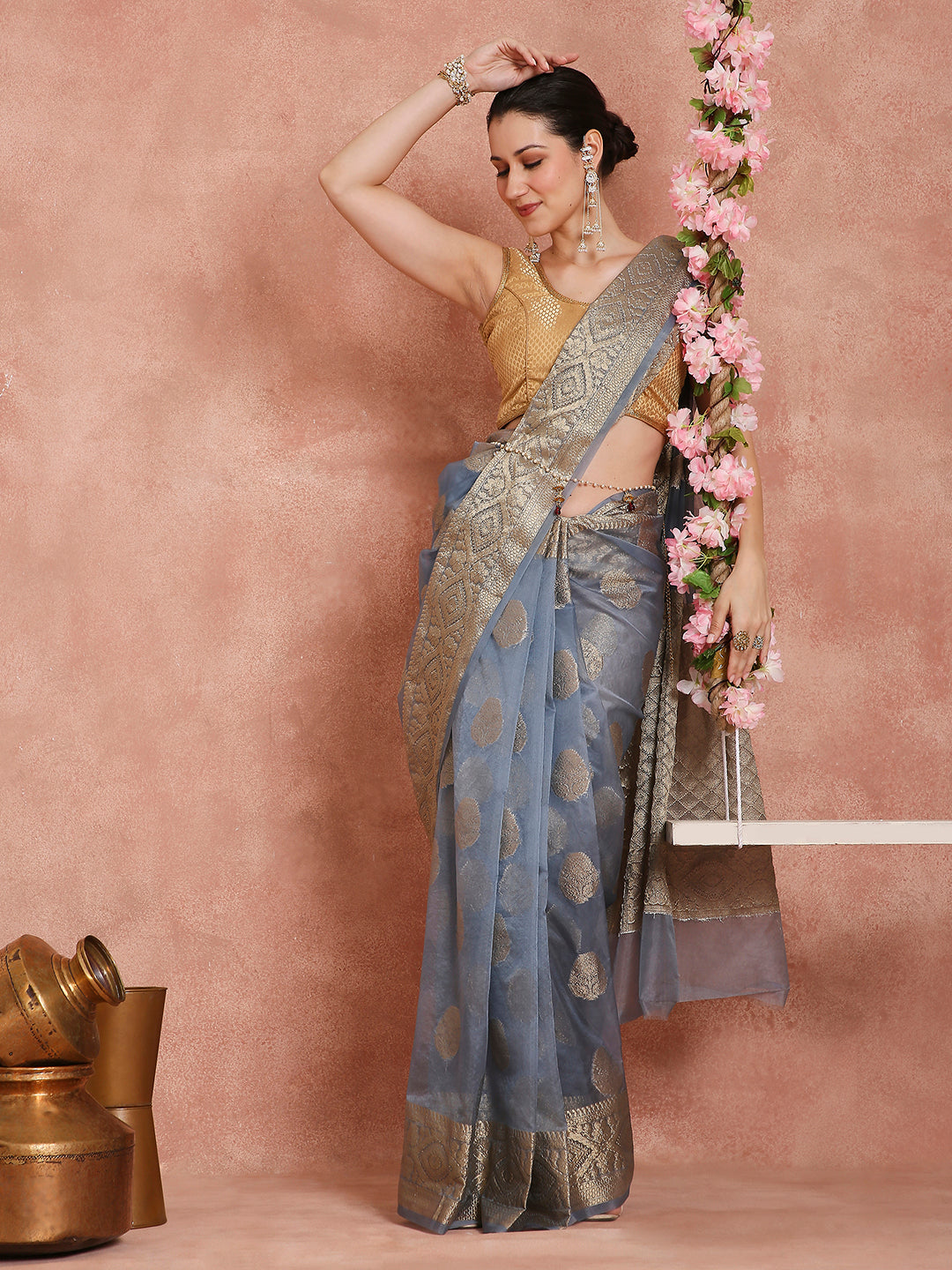 Womens's Handloom Kora Tissue Organza Woven Blue saree with zari pallu