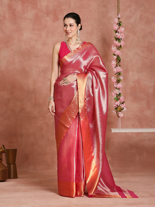 Womens's Handloom Kora Tissue Woven Pink Floral saree with zari pallu