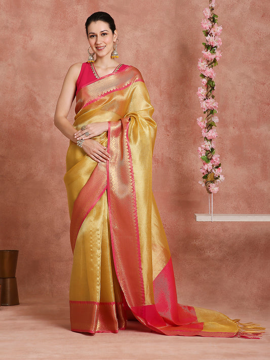 Womens's Handloom Kora Tissue Woven Pink saree with zari pallu