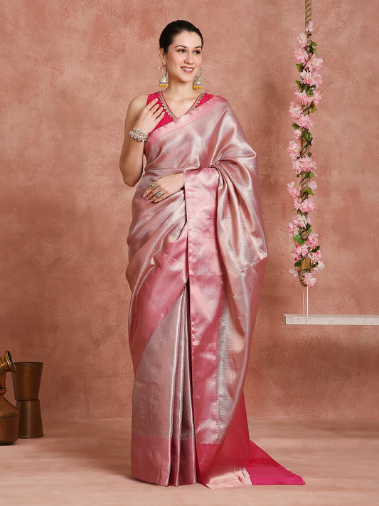 Womens's Handloom Kora Tissue Woven peach saree with zari pallu