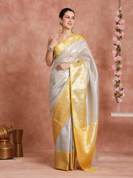 Womens's Handloom Kora Tissue Woven Silver saree with zari pallu