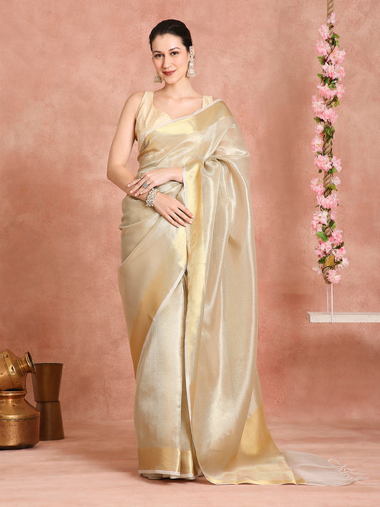 Womens's Handloom Kora Tissue Woven Golden saree with zari pallu