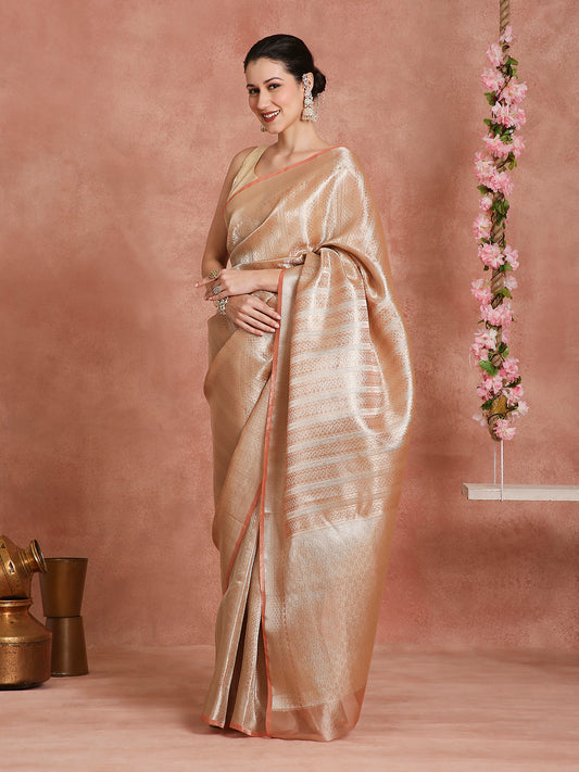 Womens's Handloom Kora Tissue Woven Copper saree with zari pallu
