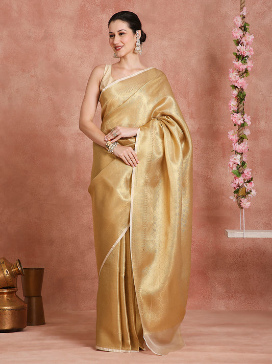 Womens's Handloom Kora Tissue Woven Golden saree with zari pallu