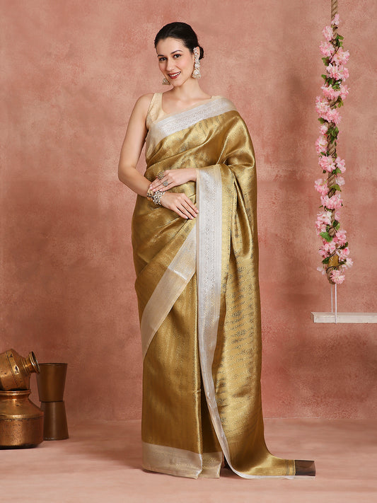 Womens's Handloom Kora Tissue Woven Pink saree with zari pallu