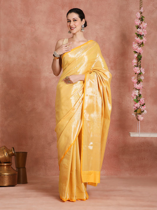 Womens's Handloom Kora Tissue Woven Yellow saree with zari pallu