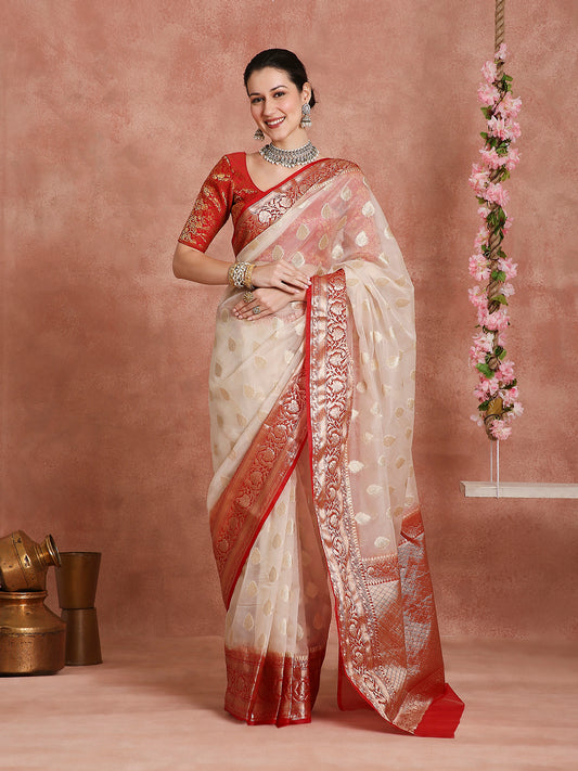 Womens's Handloom Kora Tissue Organza Woven Off-white saree with zari red pallu