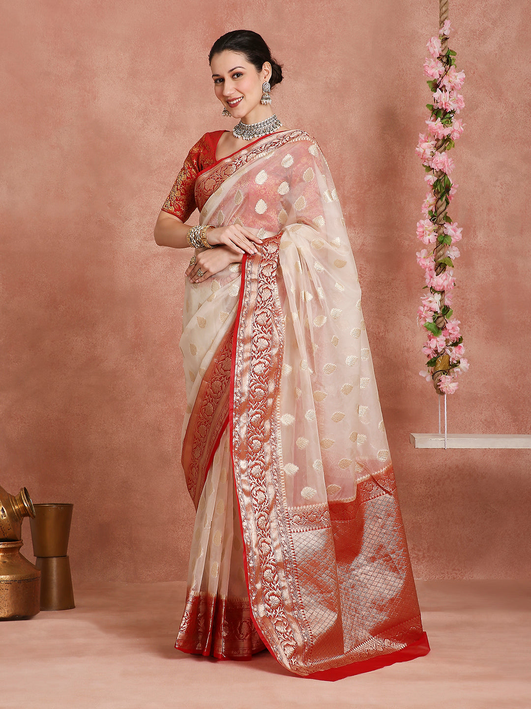 Womens's Handloom Kora Tissue Organza Woven Off-white saree with zari red pallu