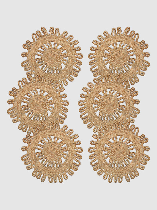 Set Of 6 Brown Braided Round Jute Table Placemats