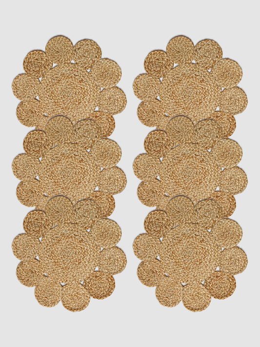 Set Of 6 Brown Fringed Round Jute Table Placemats