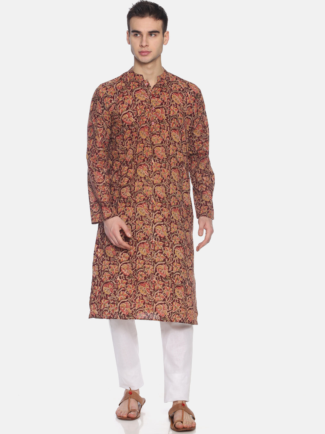 PAROKSH Men Maroon & Pink Kalamkari Printed Straight Kurta