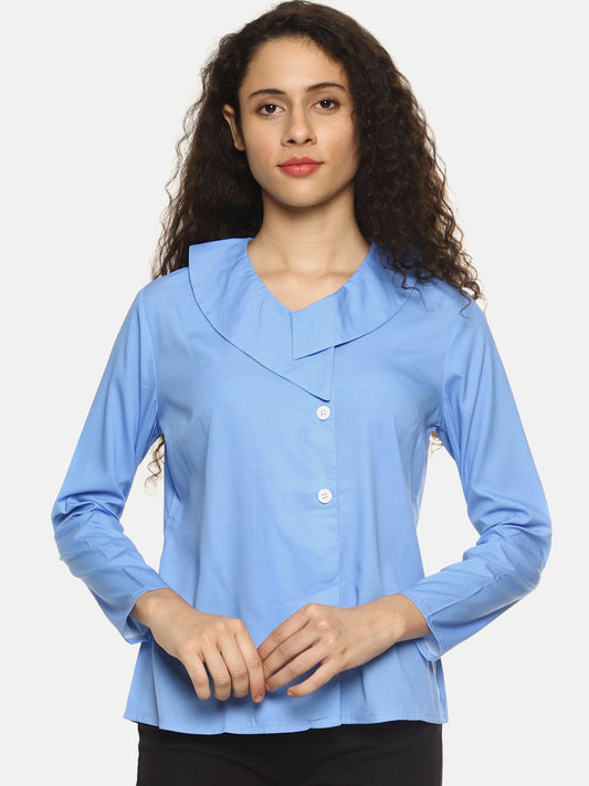 SAHORA Women sky blue solid collar shirt