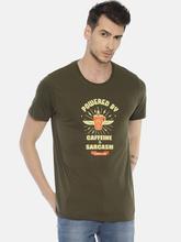 Men's printed round neck olive green t-shirt