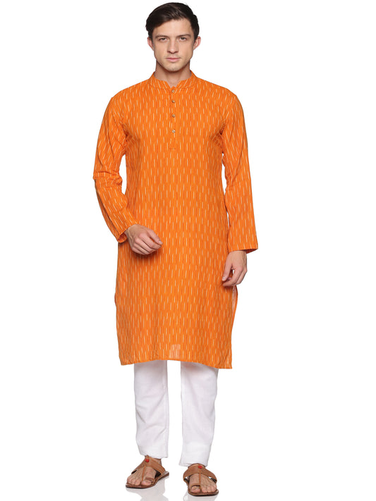 PAROKSH Men Orange & Off White Printed Khadi Handloom Pure Cotton Kurta