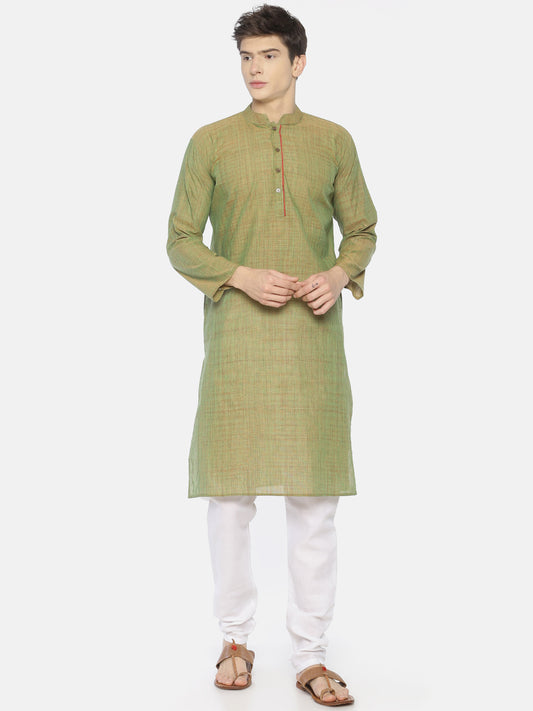 PAROKSH Men light green placket cotton Straight Kurta