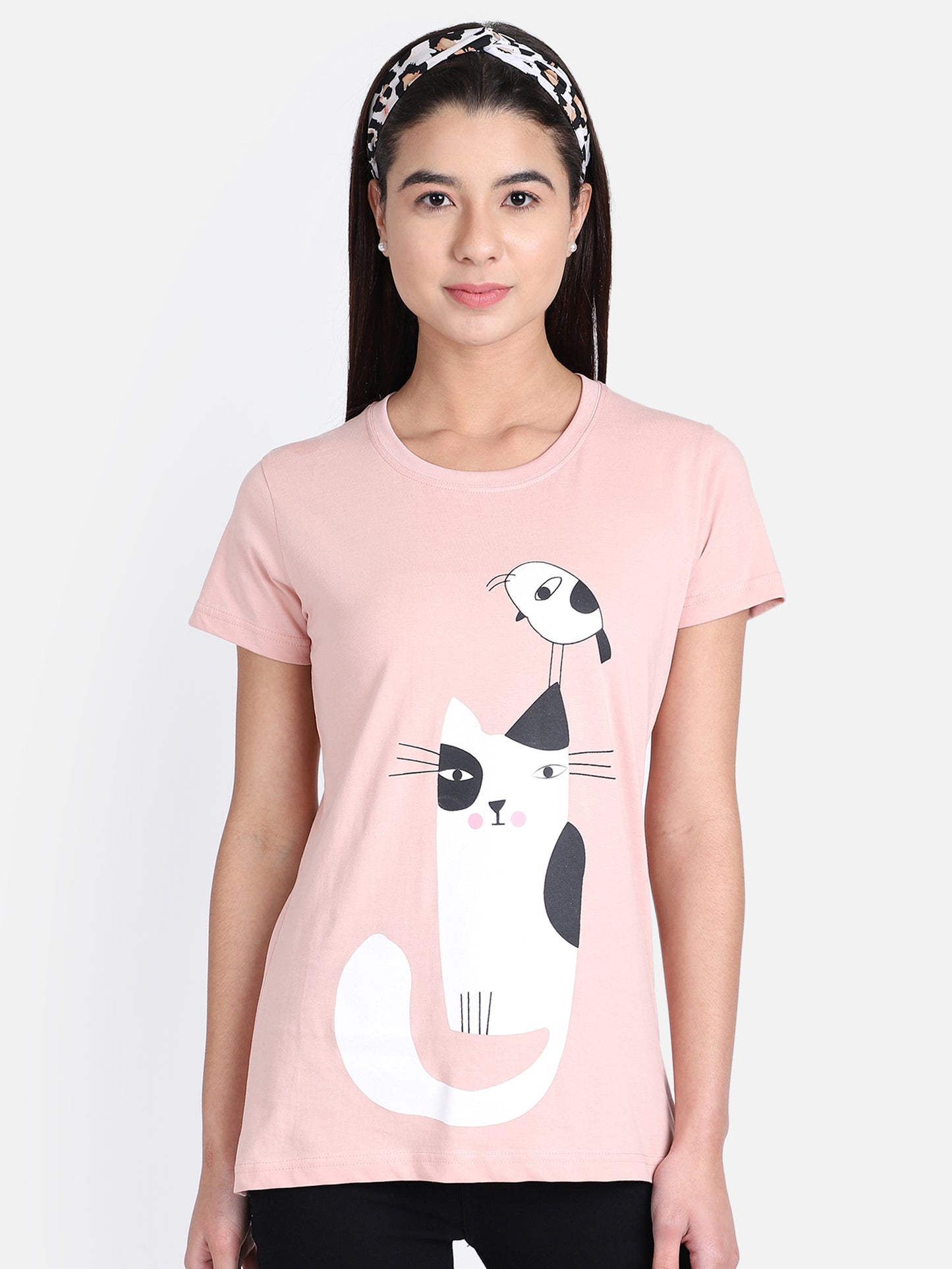Women's Printed T-shirt (WHITE CAT)
