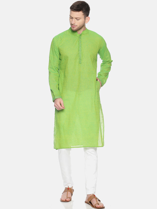 PAROKSH Men light green Geometric cotton Straight Kurta